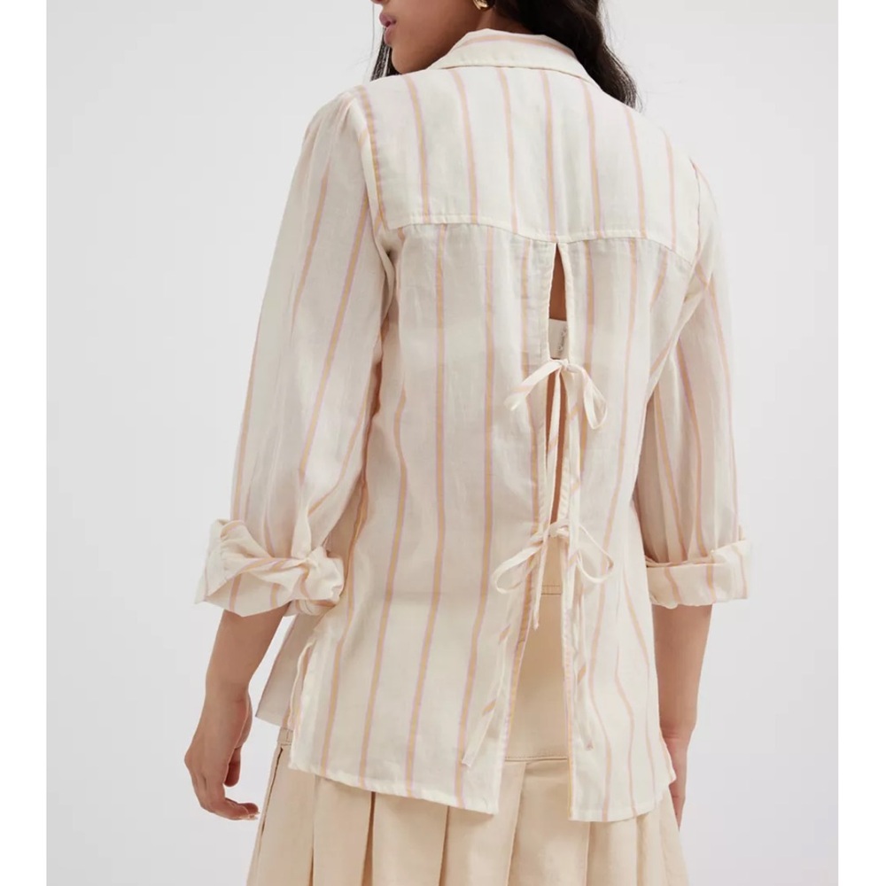 Breezy Tie-Back Shirt - Striped Button Down Open Bow Back Long Sleeve Blouse